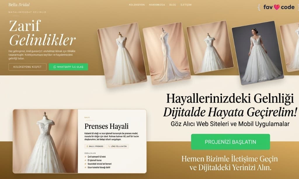 Bella Bridal web sitesi: Zarif Gelinlikler hero, vitrin görselleri ve Prenses Hayali ürün detayı