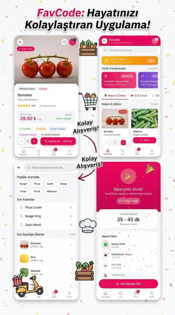 FavCode market ve teslimat mobil uygulama ekranları