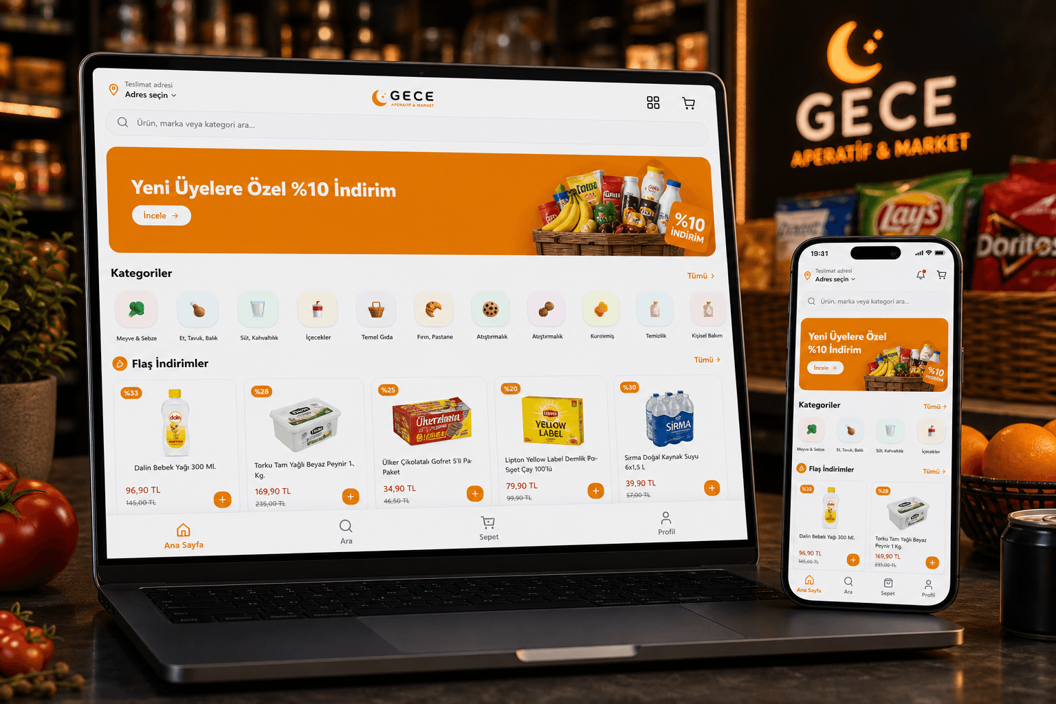 Gece Aperatif & Market mobil uygulama showcase görseli