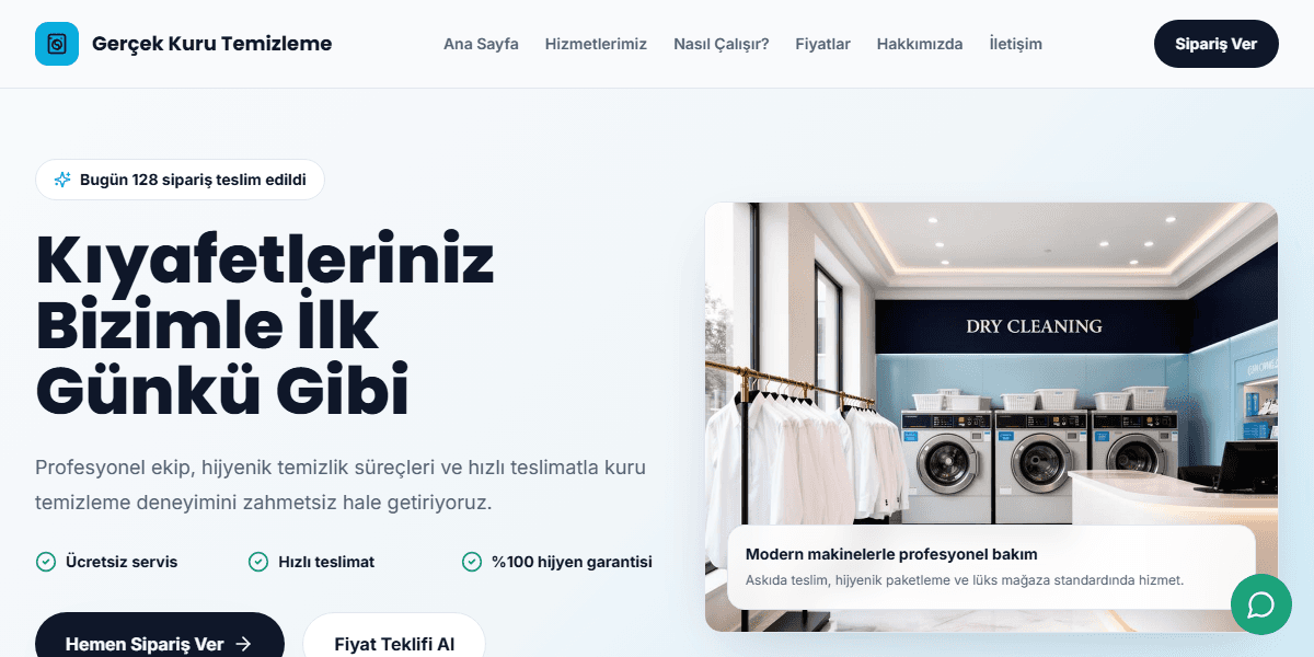 Gerçek Kuru Temizleme web sitesi ana sayfa görünümü