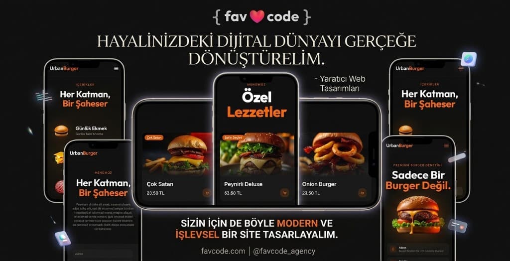 UrbanBurger restoran markası için mobil uyumlu web sitesi mockup: koyu arayüz, menü ve kampanya alanları